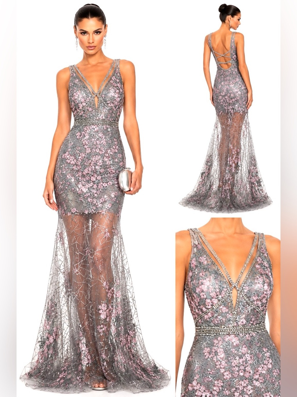 Mac Duggal Silver Floral Lace V-Neck Mermaid Gown Couture: 50416D